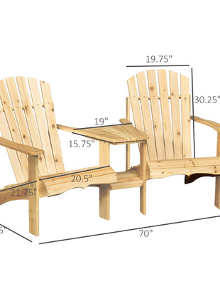 Fire Pit Seating, 2 Wooden Adirondack Chairs with Outdoor Table & Umbrella Hole, Wood 2 Person Adirondack Bench, Natural