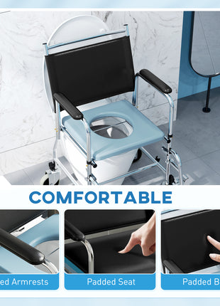 Rolling Shower Chair, Bedside Commode Wheelchair with Padded Seat, Backrest, for Seniors, Disabled, 300 lbs, Black