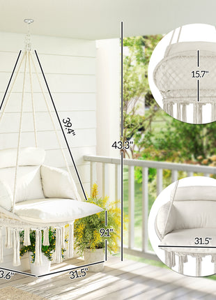 Hammock Swing Chair, Macrame Hanging Chair with Large Cushion, Chain, Steel Frame for Indoor Outdoor Use, Cream White