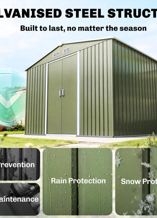 9' x 6' Outdoor Storage Shed, Garden Tool Metal Shed with Foundation Kit, Double Lockable Door, Air Vents and Sloping Roof, for Backyard, Patio, Lawn, Green