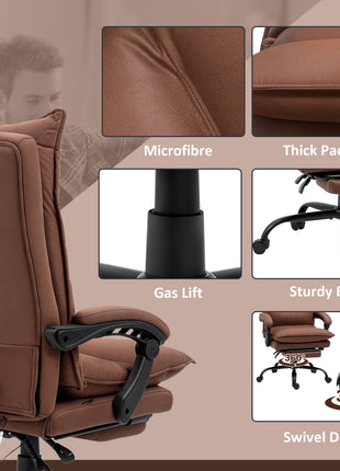 Executive Massage Office Chair with 6 Vibration Points, Microfiber Computer Desk Chair, Heated Reclining Chair with Footrest, Armrest, Double Padding, Brown