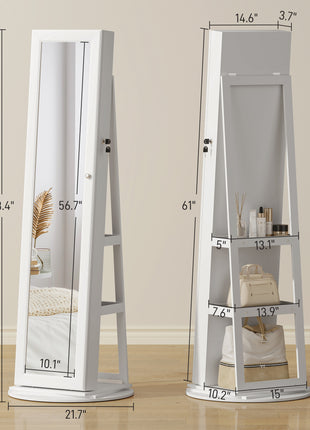 360° Swivel Jewelry Armoire, Lockable Jewelry Cabinet with Full-Length Mirror, Storage Shelves, White