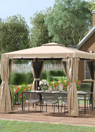  10' x 10' Patio Gazebo, Aluminum Frame Double Roof Outdoor Gazebo Canopy Shelter with Netting & Curtains, for Garden, Lawn, Backyard and Deck, Khaki
