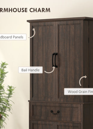 71" LED Kitchen Pantry Cabinet, Farmhouse Storage Cabinet with Door Shelves, Distressed Brown
