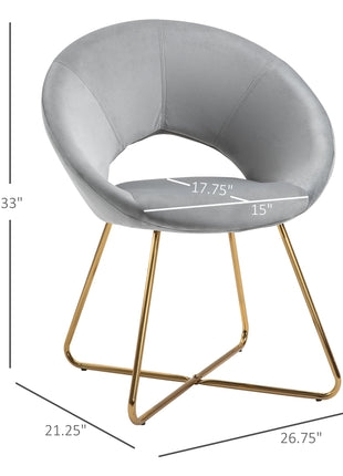 Modern Accent Velvet Chair Open Curved Mid-Back Upholstered Vanity Chair with Gold Plating Metal Legs Gray
