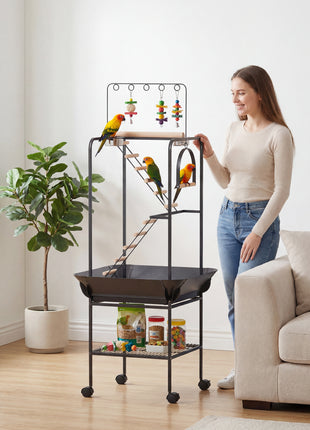 64"H Rolling Bird Playground Parrot Stand with Seed Guard & Wheels, Ladders, Swing, Toy Hook & Bowls