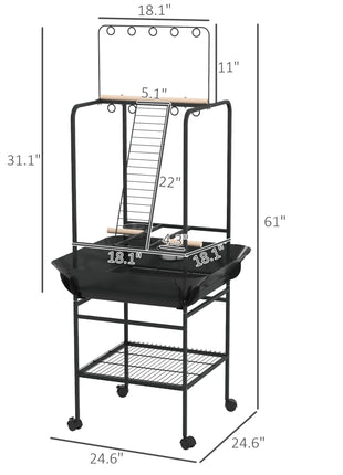 Bird Stand with Wheels, Perches, Stainless Steel Feed Bowls, Pull-Out Tray for Indoor Outdoor Small Parrot, Dark Gray