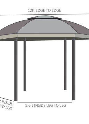 12' x 12' Round Outdoor Gazebo, Patio Dome Gazebo Canopy Shelter with Double Roof, Netting Sidewalls and Curtains, Zippered Doors, Strong Steel Frame, Brown