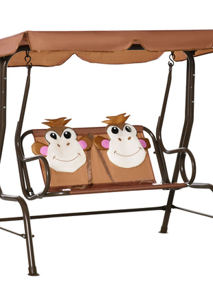 Kids Patio Swing, 2-Seater Outdoor Swing Chair with Adjustable Canopy and Safety Belt, Monkey Pattern Hanging Swing Bench for Garden or Backyard, Coffee