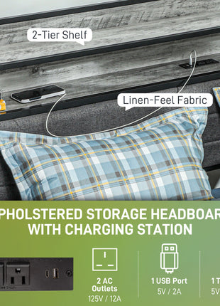 Full Bed Frame with Storage Upholstered Headboard, Full Size Bed Frame with LED Lights, Charging Station, Cement Gray