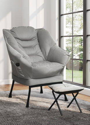Lazy Chair and Ottoman Set, Fabric Upholstered Accent Chair with Side Pockets, for Living Room, Bedroom, Light Gray
