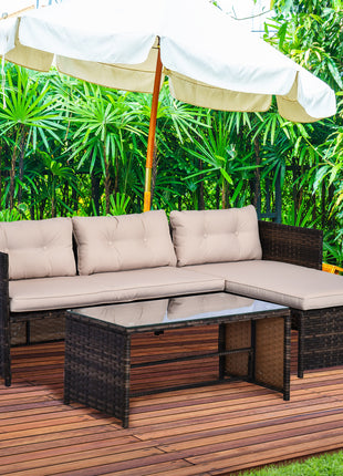 3 Piece Patio Furniture Set, Rattan Outdoor Sofa Set with Chaise Lounge & Loveseat, Soft Cushions, Tempered Glass Table, L-Shaped Sectional Couch, Beige