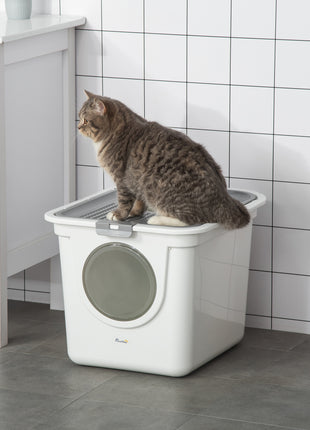 Covered Cat Litter Box, Easy Cleaning Kitty Litter Box with Front Entrance, Top Exit, Scoop, for Odor Control, White