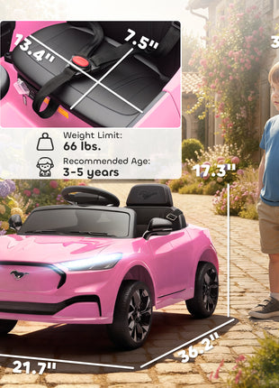 12V Kids Ride On Car, Licensed Ford Mustang Mach-E Electric Car with Remote Control, LED Light, Music, Pink