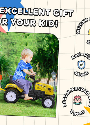 Kids Ride on Tractor with Back Trailer, Shovel & Rake, Horn, Pedal Go Kart for 3 Years Old, Yellow