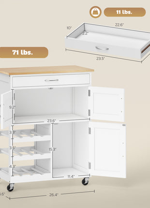 Rolling Kitchen Cart, Kitchen Island with Storage Drawer, 9-bottle Wine Rack, Door Cabinets, Wooden Countertop, White
