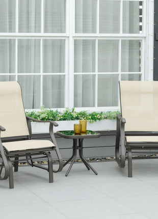 3-Piece Outdoor Gliders Set Bistro Set with Steel Frame, Tempered Glass Top Table for Patio, Garden, Backyard, Lawn, Beige