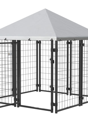 Lockable Dog House Kennel with Water-resistant Roof for Small and Medium Sized Pets, 4.7' x 4.7' x 5.1', Silver