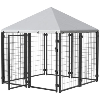 Lockable Dog House Kennel with Water-resistant Roof for Small and Medium Sized Pets, 4.7' x 4.7' x 5.1', Silver