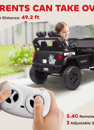 Ride on Truck Car with 2-Seater, 24V Electric Car with 4 Motors, Remote Control, Spring Suspension for 3-8 Years, Black