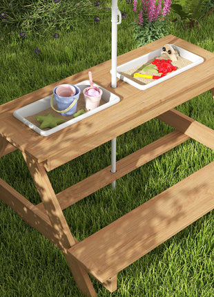 Wooden Outdoor Kids Picnic Table with Removable Umbrella, Children Sand and Water Activity Table for Patio, Mixed Color