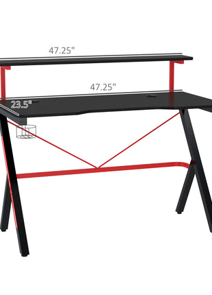 47 Inch Gaming Desk Racing Computer Desk Home Office Workstation with Elevated Monitor Shelf Rotatable Cup Holder Headphone Hook, Black