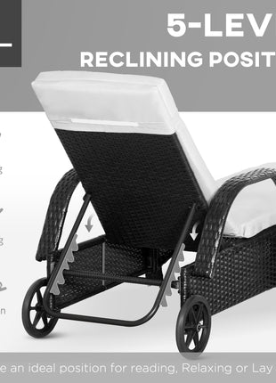 Wicker Outdoor Chaise Lounge Chair Set of 3 with Side Table, 5-Level Adjustable Backrest PE Rattan Pool Lounge Chair with Wheels, Cushion & Headrest, Black and Cream White