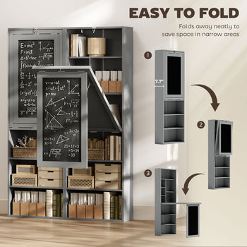 Fold-out Convertible Office Desk, Wall Mount Computer Desk with Blackboard and Side Shelf, Charcoal Gray