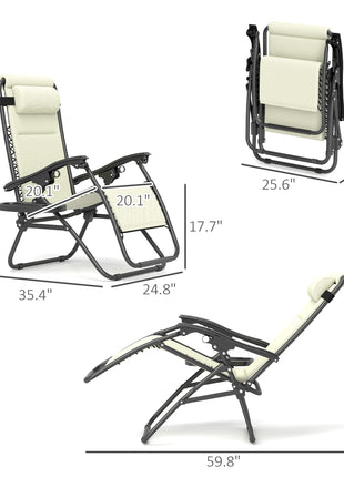 Zero Gravity Lounge Chair Set, 2 Pieces Reclining Folding Outdoor Lounge Chairs with Headrest Side Tray, Cream