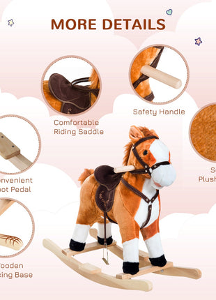 Kids Plush Toy Rocking Horse, Wooden Ride-on Chair, Plush Animal Rocker with Realistic Sounds and Moving Tail for Toddlers, Brown