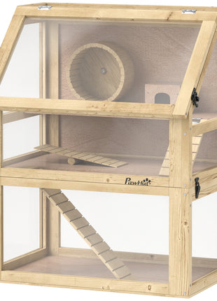 3 Tier Wooden Hamster Cage w/ Detachable Bottom, Hut, Seesaw, Exercise Wheel, Ramps, 24" x 16" x 29.5"