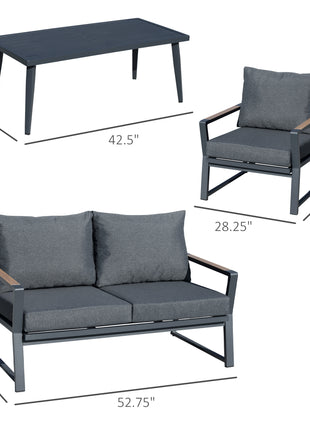 4 Piece Patio Furniture Set, Aluminum Conversation Set, Outdoor Garden Sofa Set with Armchairs, Loveseat, Center Coffee Table and Cushions, Dark Grey