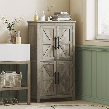 Bathroom Floor Storage Cabinet, Farmhouse Bathroom Cabinet with 4 Doors and Adjustable Shelf, Light Gray