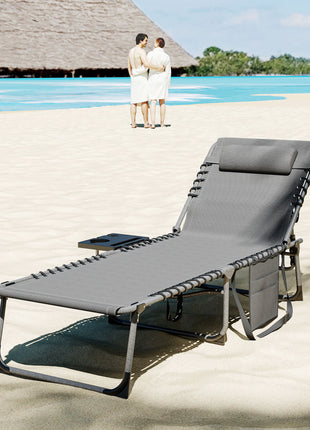 Folding Outdoor Chaise Lounge Chair Tanning Chair with 5-Level Adjustable Back, Side Table, Pillow, Pocket, Gray