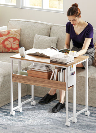 Folding Computer Desk, Foldable Desk with Storage Bag, Shelf and Wheels for Small Spaces, Home Office, Natural Wood