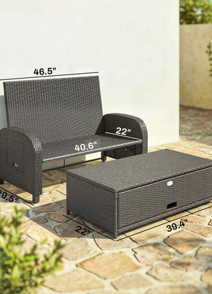 Patio Rattan Daybed, Wicker Outdoor Daybed with Storage Ottoman, Loveseat w/ Adjustable Backrest, Gray