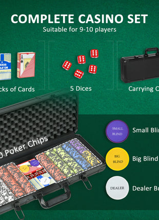500PCs 14 Gram Clay Poker Chips Set Casino Poker Chips with Aluminum Case, Playing Cards, Dealer Button, 5 Dices