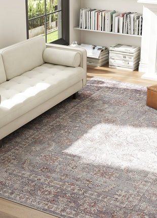 Machine Washable Area Rug 8x10, Non-Slip Traditional Flower Print Floor Carpet for Living Room, Bedroom, Grey and Brown