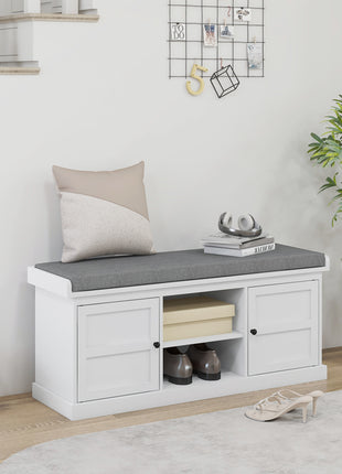 Shoe Storage Bench with Cushioned Seat, Entryway Bench Seat with 2 Cabinets and Adjustable Shelf for Hallway, White