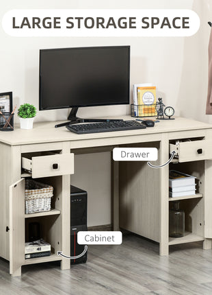 Farmhouse Computer Desk with Storage, Home Office Desk with 2 Drawers and 2 Cabinets, Cream White