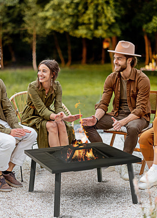 34" Fire Pit with Grill, Metal Outdoor Wood Burning Firepit with Spark Screen, Fire Poker, Cover, Table Lip, Black