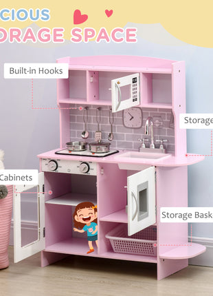 Pretend Play Kitchen with Sound Effects and Stove Lights, Kids Kitchen Playset with Storage, Water Dispenser Preschool & Kindergarten Gift for 3-6 Years Old, Pink