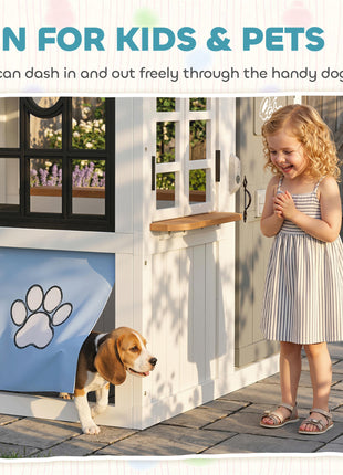 Outdoor Playhouse, Wooden Kids Playhouse with Dog Door, Cookware, Blackboard, Bench, Doorbell for Ages 2+