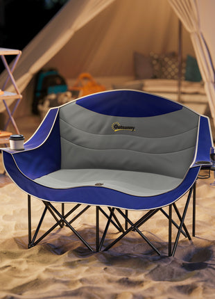 Padded Folding Camp Chair for Adults, Double Camping Chair with Armrests, Cup Holders, Carry Bag for Outdoor, Blue