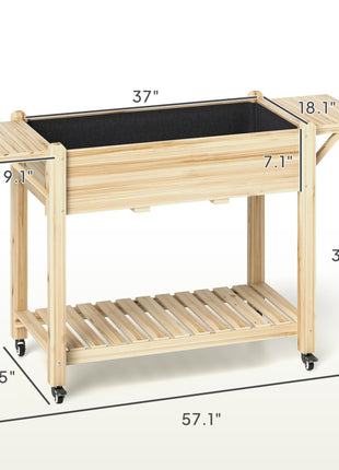 Wood Raised Planter Box, Elevated Garden Bed with Lockable Wheels, Side Tables, Bottom Shelf, Drain Holes, Natural