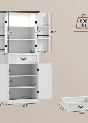 71" LED Kitchen Pantry Cabinet, Farmhouse Storage Cabinet with Door Shelves, Distressed White