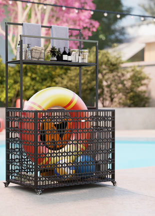 Wicker Pool Float Storage Organizer, PE Rattan Pool Float Holder with Basket Shelf Towel Bars, Rolling Pool Caddy for Floaties, Noodles, Life Vests, Beach Balls, Brown