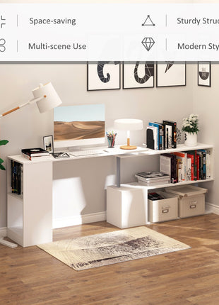 55" 360° Rotating Corner Computer Desk Modern L-Shaped Home Office Workstation with 3-Tier Storage Shelves, Bookshelf, White