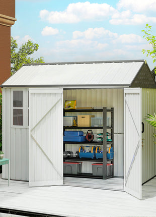 8' x 6' Metal Garden Storage Shed, Extra Large Outdoor Tool Storage House w/ Doors, Window and Air Vents, White