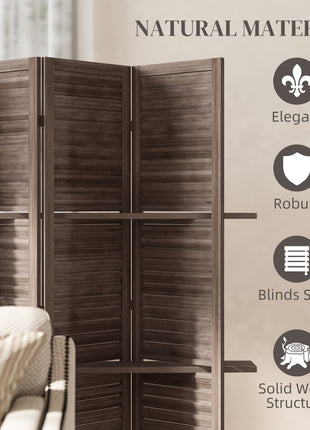4 Panel 67" Tall Wood Privacy Screen Room Divider with 3 Shelves and Folding Storage for Bedroom, Walnut